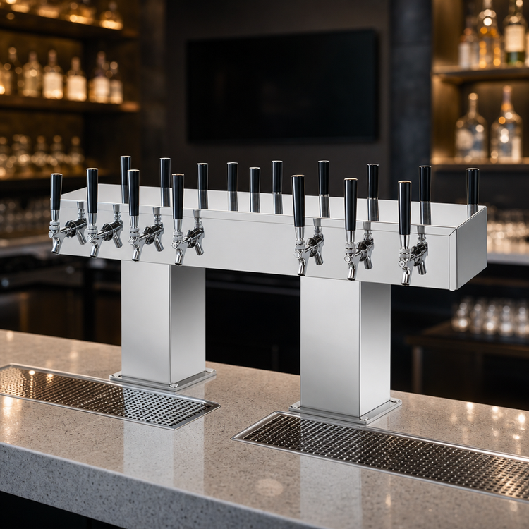 Product image #3 for Back-to-Back Bridge Tee Glycol-Cooled Draft Beer Tower, Countertop, Extra High, 20-Faucet Capacity, Polished Chrome