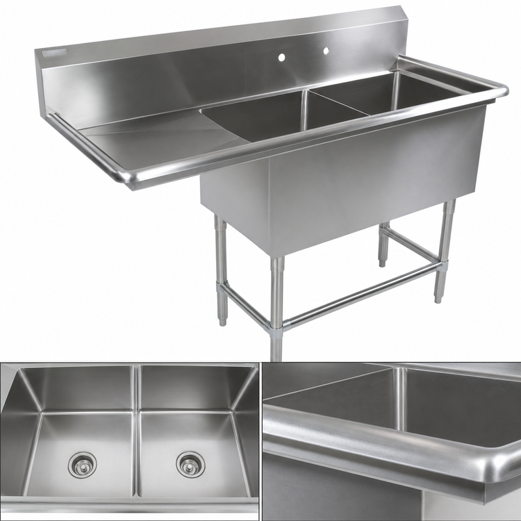 Product image #3 for John Boos Pro-Bowl 2-Compartment Freestanding Sink with Left Drainboard and 10-Inch Backsplash, 62-3/16" W x 25-1/2" D x 44-1/16" H