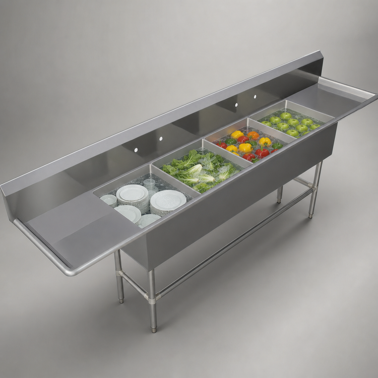 Product image #3 for John Boos Pro-Bowl 4-Compartment Stainless Steel Sink with Dual 30-Inch Drainboards and 12-Inch Deep Bowls