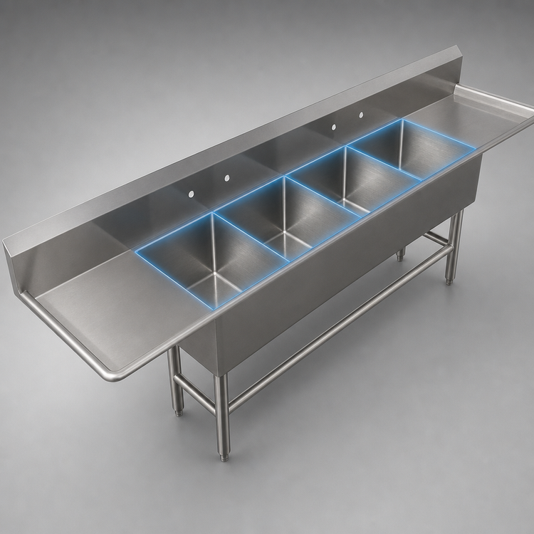 Product image #3 for John Boos Pro-Bowl 4-Compartment Stainless Steel Sink with Dual Drainboards, 20 x 20 x 12 Bowls