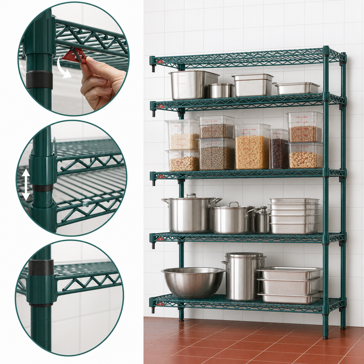 Product image #4 for Metro Super Adjustable Super Erecta 4-Shelf Add-On Wire Shelving Unit, 42"W x 18"D x 63"H, Green Metroseal 3 Epoxy Finish