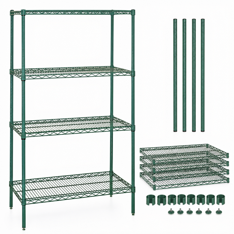 Product image #3 for Quantum 60-Inch W x 12-Inch D x 54-Inch H Wire Shelving Starter Kit, Stationary, 4 Shelves, Green Epoxy Antimicrobial Finish