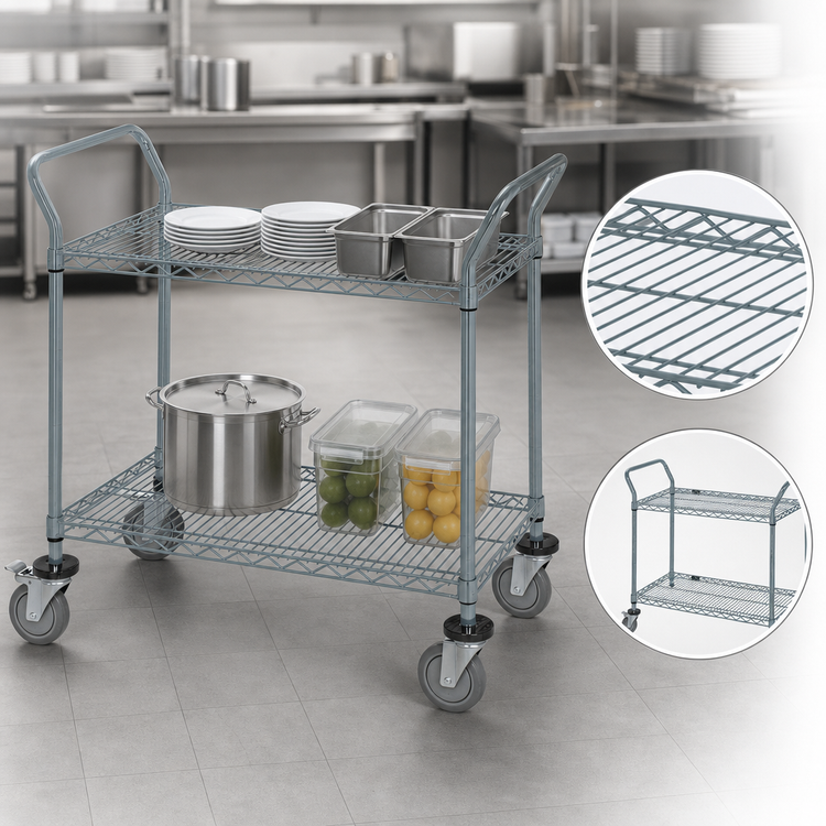 Product image #3 for Quantum Gray Epoxy Antimicrobial 2-Shelf Utility Bus Cart, 60 x 24 x 37.5 Inches
