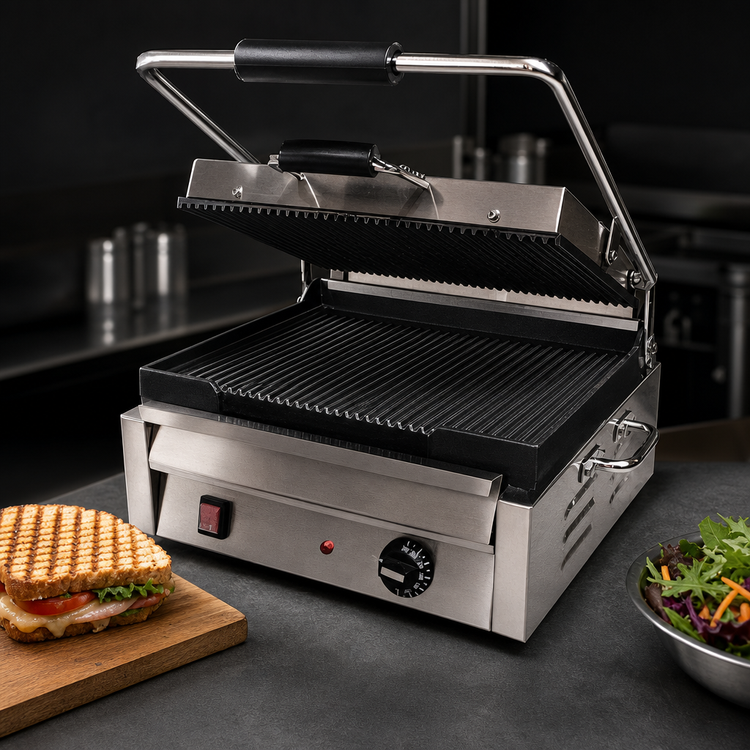 Product image #3 for Commercial Single Countertop Panini Press with Grooved Cast Iron Plates, 12 x 15 Inch Surface