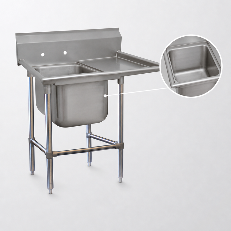 Product image #3 for Advance Tabco Regaline 1-Compartment Commercial Sink with Right-Hand Drainboard, 20 x 28 Inch Bowl, 14 Gauge 304 Stainless Steel