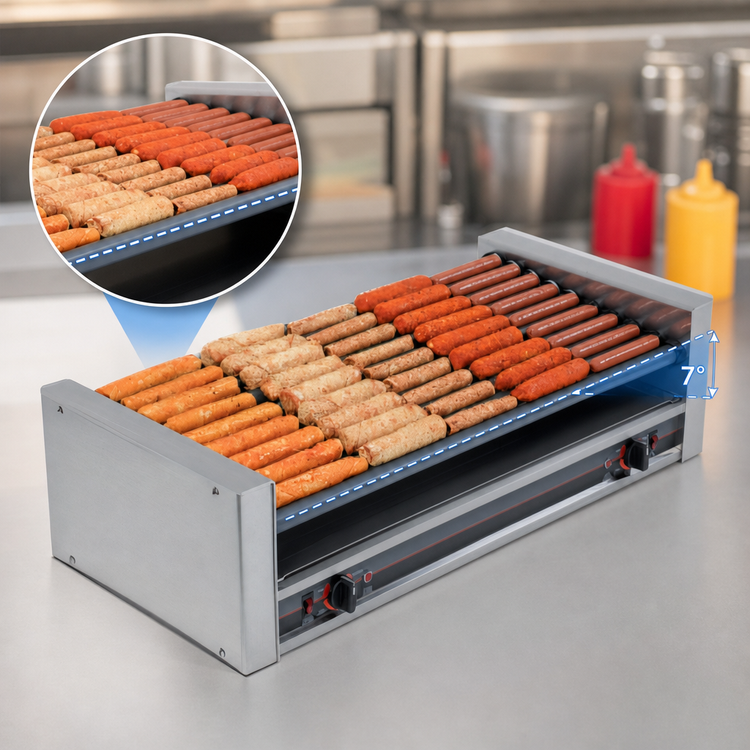 Product image #3 for Nemco Roll-A-Grill 27-Hot-Dog Slanted Countertop Roller Grill with 10 Chrome Rollers, 120V