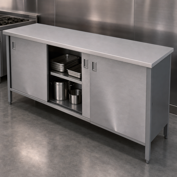 Product image #3 for John Boos Enclosed Stainless Steel Work Table with Sliding Door Cabinet Base, 108 x 24 Inch Flat Top