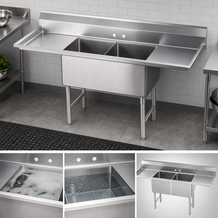 Product image #3 for Advance Tabco 2-Compartment Fabricated Stainless Steel Sink with Left and Right Drainboards, 78 Inch Long