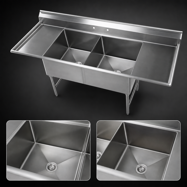 Product image #3 for Elite 84-Inch Two-Compartment Stainless Steel Sink with Left and Right Drainboards