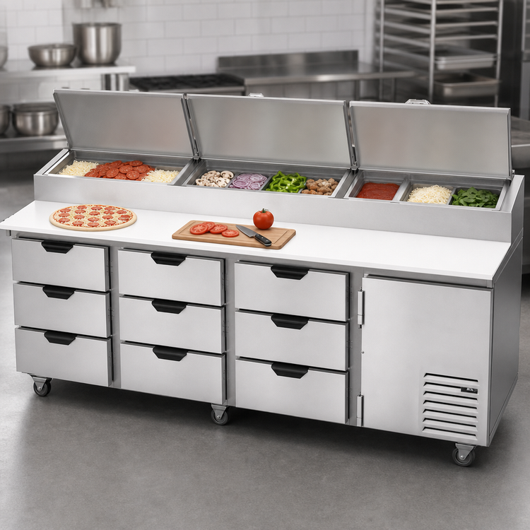 Product image #3 for Beverage-Air Four-Section Pizza Prep Table with 9 Drawers, 1 Door, and 19-Inch Cutting Board, 119-Inch