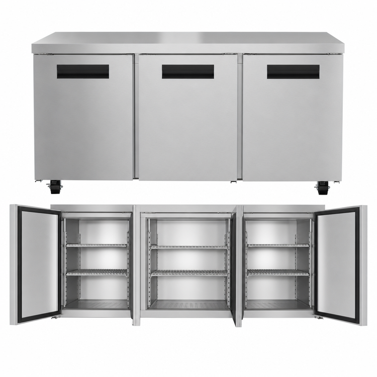 Product image #3 for Hoshizaki Steelheart UR72B Three-Section Undercounter Refrigerator, 72-Inch, Solid Doors, Self-Contained Rear-Mounted