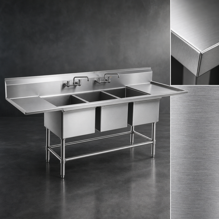 Product image #3 for Spec-Master FN Series 114"W Three-Compartment Stainless Steel Sink with Dual 24" Drainboards