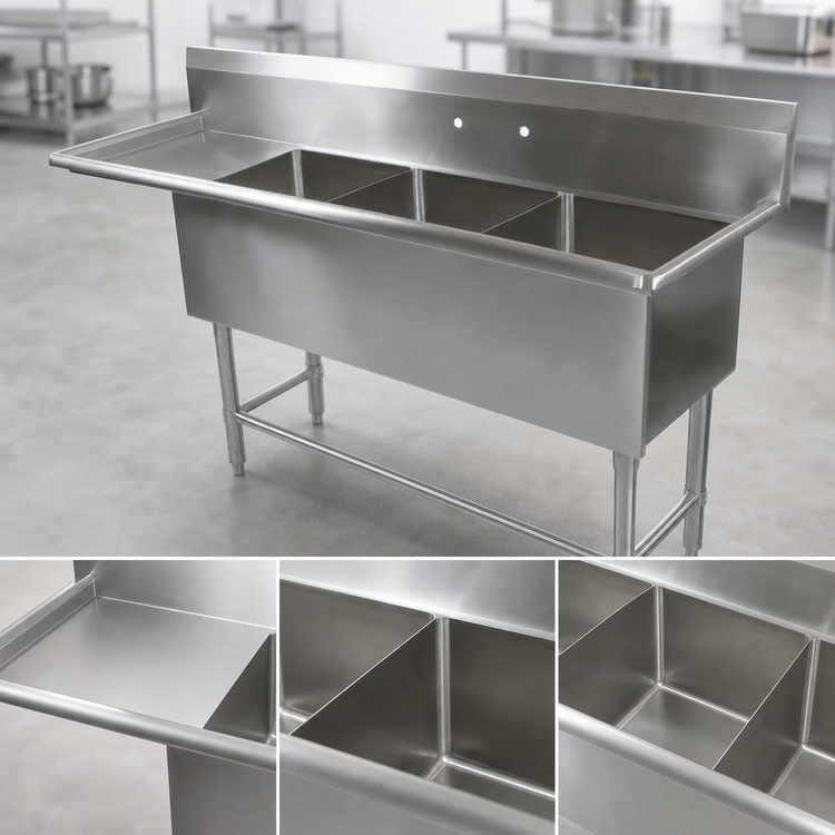 Product image #3 for John Boos Pro-Bowl 3-Compartment Sink with Left Drainboard, 20" x 20" x 12" Bowls, 14-Gauge Stainless Steel, 94-3/16" W