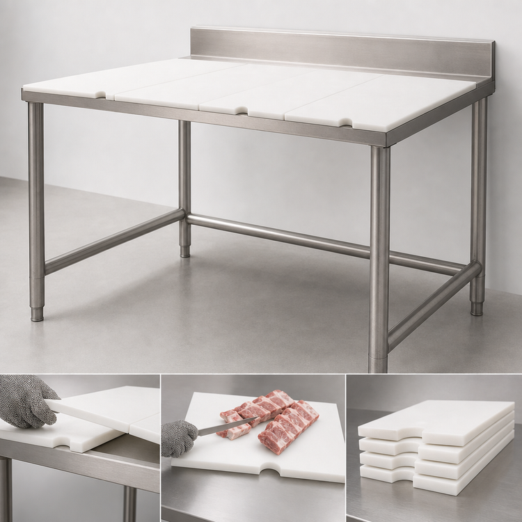 Product image #3 for 120-Inch Boning Table with Poly Top, Stainless Steel Tubular Base, and Removable Polymer Boards