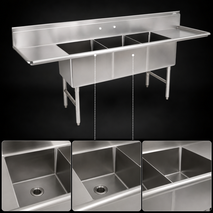 Product image #3 for John Boos B Series 3-Compartment Stainless Steel Sink with Left & Right Drainboards, 87-1/4" x 25-1/2" x 44"