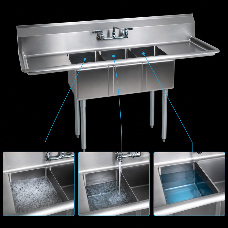 Product image #3 for BK Resources 18-Gauge Stainless Steel Three-Compartment Convenience Store Sink with Dual 15-Inch Drainboards, 60-Inch Wide