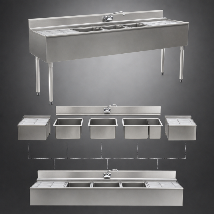 Product image #3 for Eagle Group 2200 Series 4-Compartment Underbar Sink Unit with Dual Drainboards and Included Faucets, 72-Inch