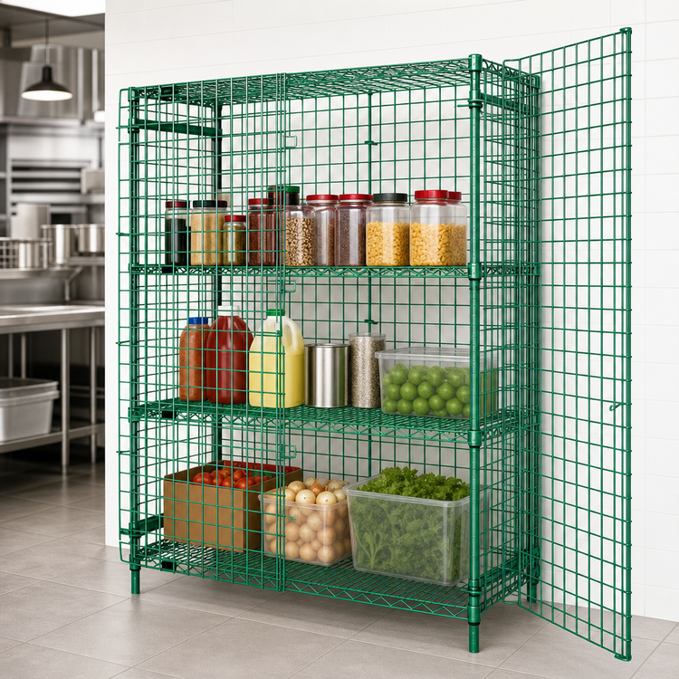 Product image #3 for Quantum Stationary Wire Security Cage Unit with Doors and 2 Intermediate Shelves, 36W x 18D x 63H, Green Epoxy