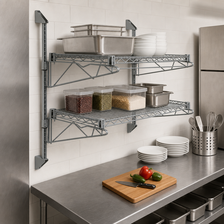 Product image #3 for Quantum Cantilever Double Shelf Wall-Mount Wire Shelving Unit, 48 x 21 Inches, Gray Epoxy