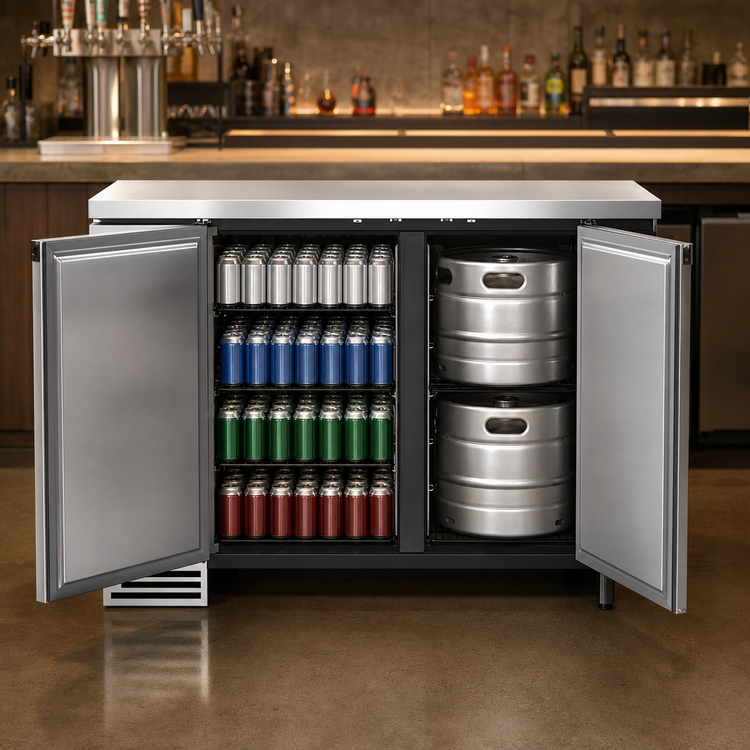 Product image #3 for True 48-1/8-Inch Two-Section Back Bar Cooler with Solid Hinged Locking Doors and Stainless Steel Top