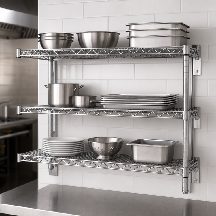 Product image #3 for Eagle Group QuadTruss Piggyback 3-Tier Wall-Mounted Wire Shelf Kit, 60W x 18D, Chrome Finish