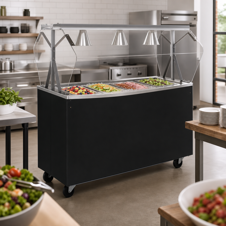 Product image #3 for Vollrath 2-Series Affordable Portable 4-Pan Non-Refrigerated Cold Food Station with Buffet Breath Guard and Lights, 60-Inch Black Solid Base