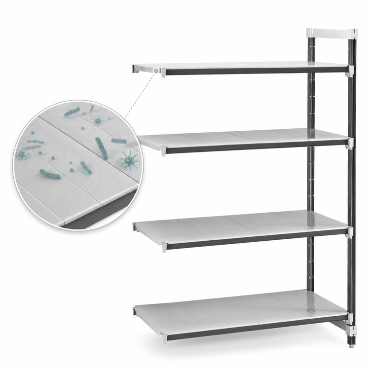 Product image #3 for Cambro Camshelving Elements XTRA 4-Tier Solid Stationary Add-On Polymer Shelving Unit, 24 x 60 x 64 Inches, Speckled Gray
