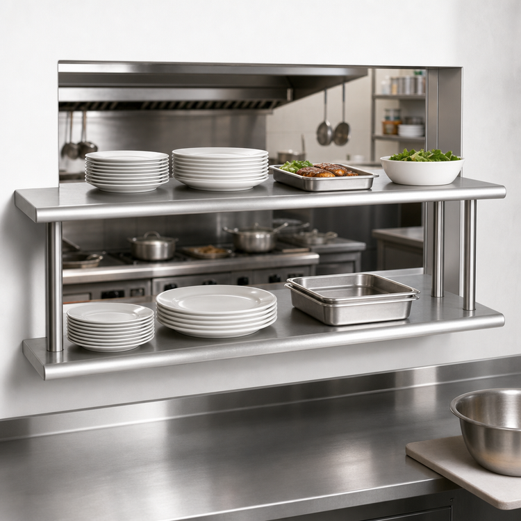 Product image #3 for BK Resources Double Tier Wall-Mounted Pass-Through Shelf, 108 x 24 Inches, 304 Stainless Steel