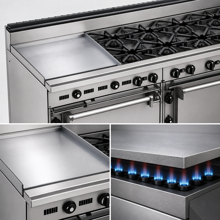 Product image #3 for Bistro 72-Inch Gas Restaurant Range with 36-Inch Griddle, 6 Open Burners, Standard Oven and Cabinet Base