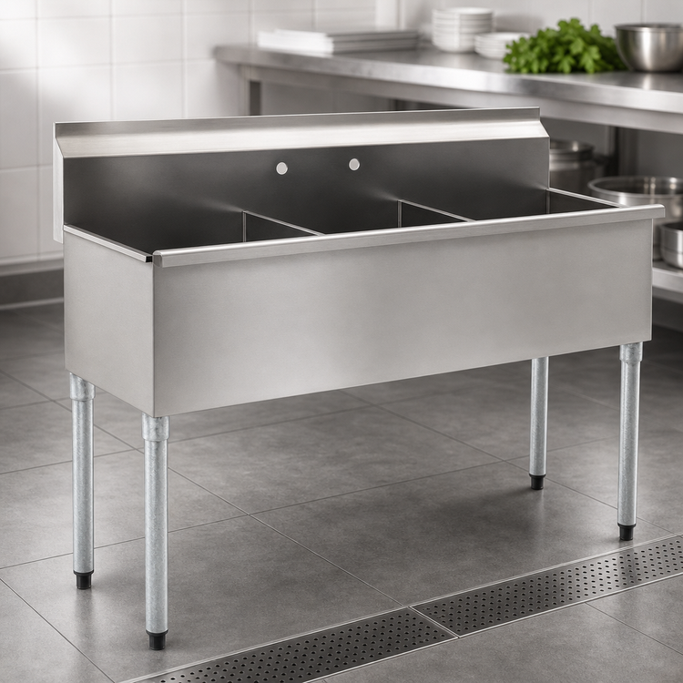 Product image #3 for Eagle Group Three-Compartment Utility Sink, 55-3/8 Inch Wide, 16-Gauge 430 Stainless Steel, No Drainboards, Galvanized Legs