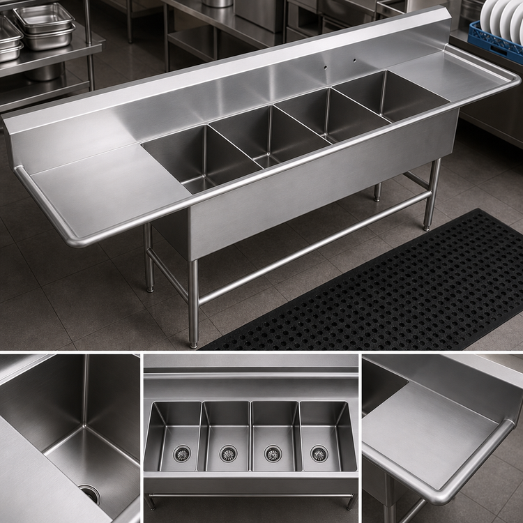 Product image #3 for John Boos Pro-Bowl 4-Compartment Stainless Steel Sink with Left and Right Drainboards