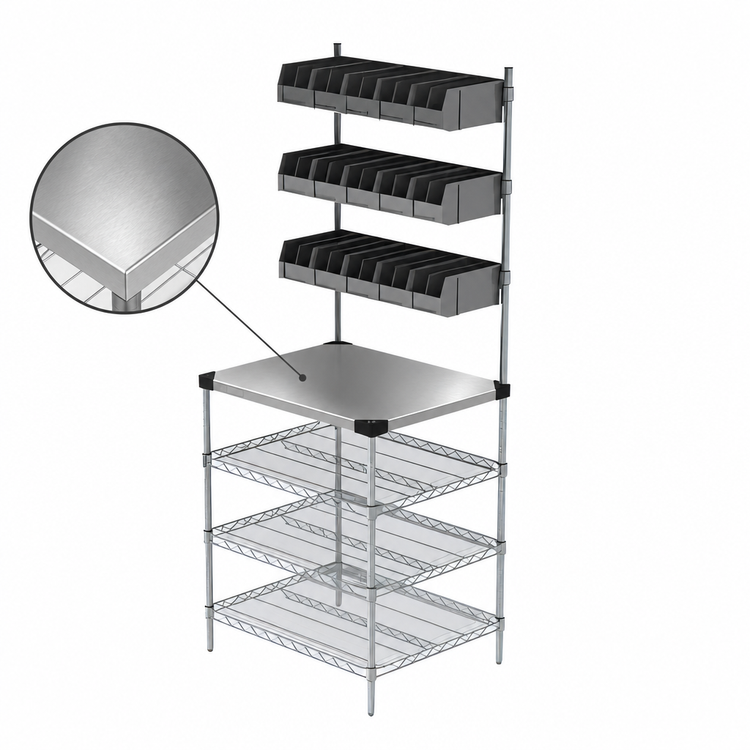 Product image #3 for Metro Chain Reaction Drive-Thru POS & Staging Work Station, 30 x 24 x 74 Inches, with 15 Overhead Bins