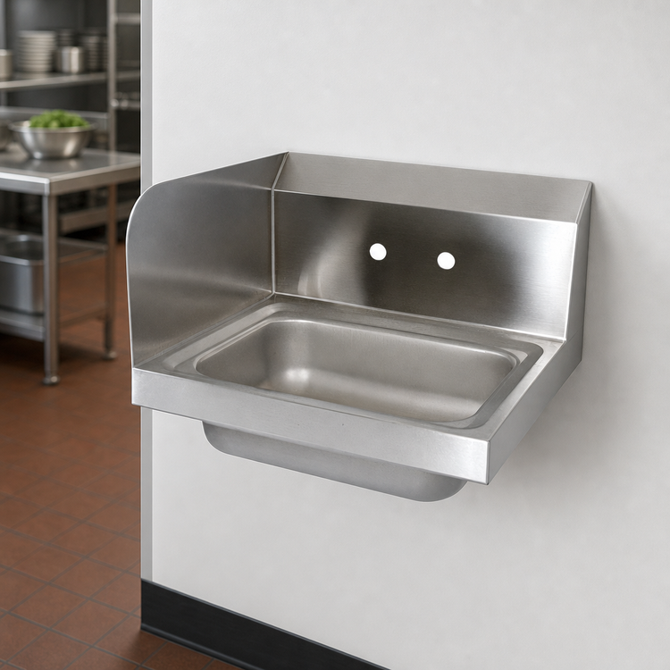 Product image #3 for BK Resources 14 x 10 Wall-Mount Hand Sink with Left Side Splash, 4 in. O.C. Splash Mount, Marine Edge, 304 Stainless Steel