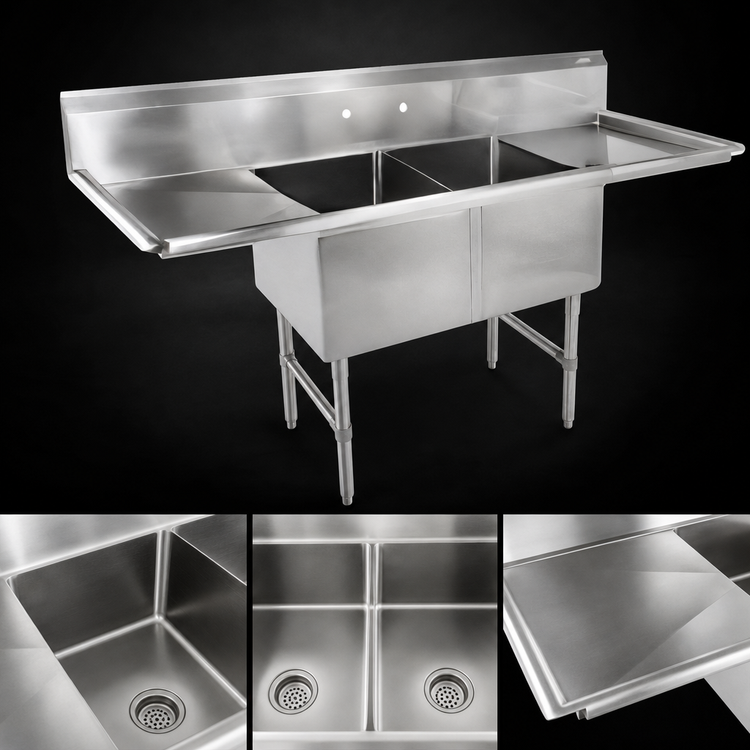 Product image #3 for John Boos B Series 2-Compartment Stainless Steel Sink with Left and Right Drainboards, 75-1/4 Inch Wide