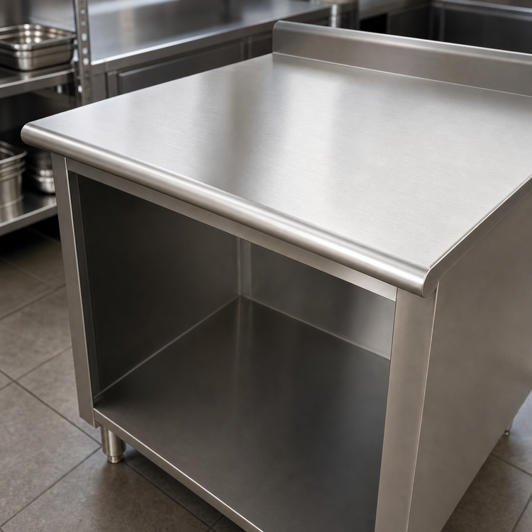 Product image #3 for Advance Tabco 108" x 30" 14-Gauge 304 Stainless Steel Work Table with 5" Backsplash and Open Front Cabinet Base