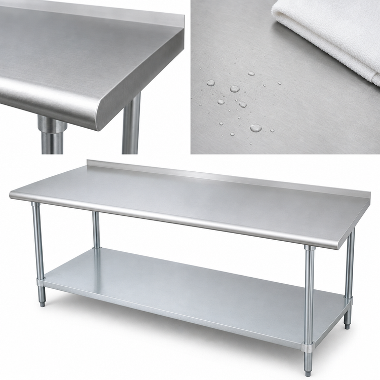Product image #3 for Advance Tabco 144-Inch x 36-Inch 14-Gauge 304 Stainless Steel Work Table with Rear Up-Turn and Galvanized Undershelf