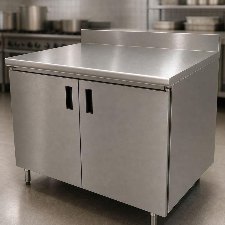 Product image #3 for Advance Tabco Special Value Series Economy Enclosed Work Table with Cabinet Base and Hinged Doors, 72 x 24 Inches, 16-Gauge 304 Stainless Steel Top, 5-Inch Backsplash