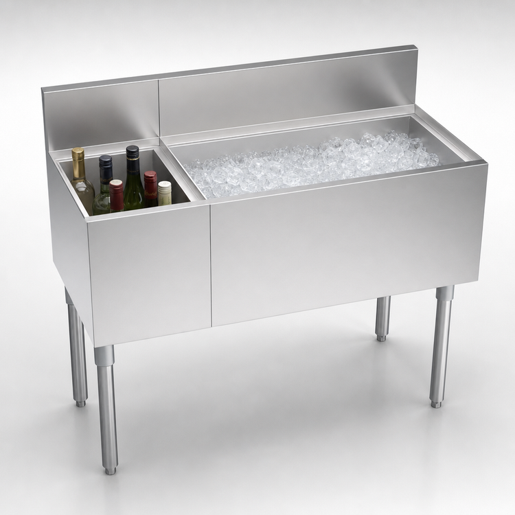 Product image #3 for Krowne Royal Series Stainless Steel 42-Inch Underbar Combination Ice Bin with Right-Side 30-Inch Ice Bin, 12-Inch Insulated Bottle Storage, and 10-Circuit Cold Plate