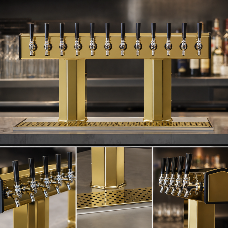 Product image #3 for Glastender 12-Faucet Countertop Air-Cooled Tee Draft Dispensing Tower, Polished Brass Finish