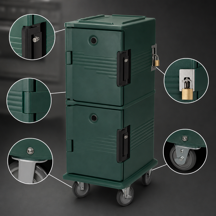 Product image #4 for Cambro Ultra Camcart Double-Compartment Front-Loading Insulated Food Pan Carrier, Security Package, Kentucky Green