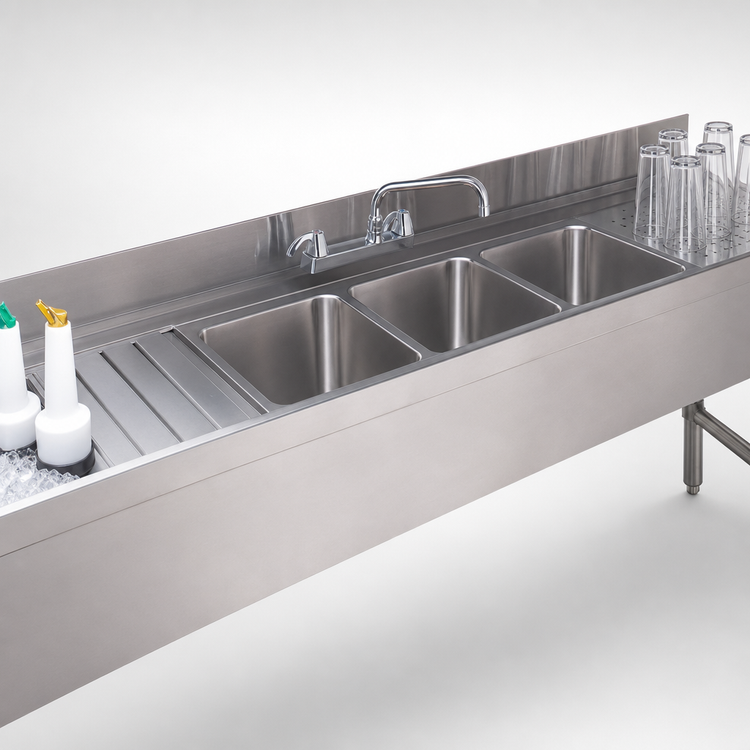 Product image #3 for 84-Inch Stainless Steel 3-Compartment Underbar Sink and Ice Bin Combo with Left-Side Ice Bin and Deck-Mount Faucet