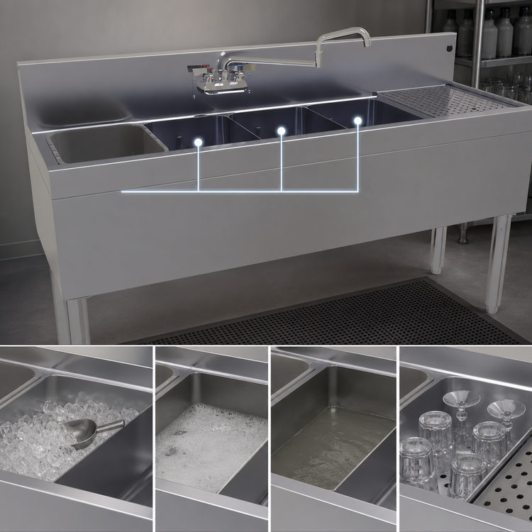 Product image #3 for Glastender Four-Compartment Stainless Steel Underbar Sink Unit with Right Drainboard, 60 Inch Wide