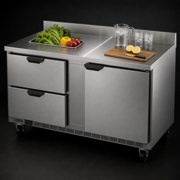 Product image #3 for Beverage-Air 60-Inch Two-Section Worktop Freezer with 2 Drawers, Solid Door, and Foamed-In-Place Backsplash