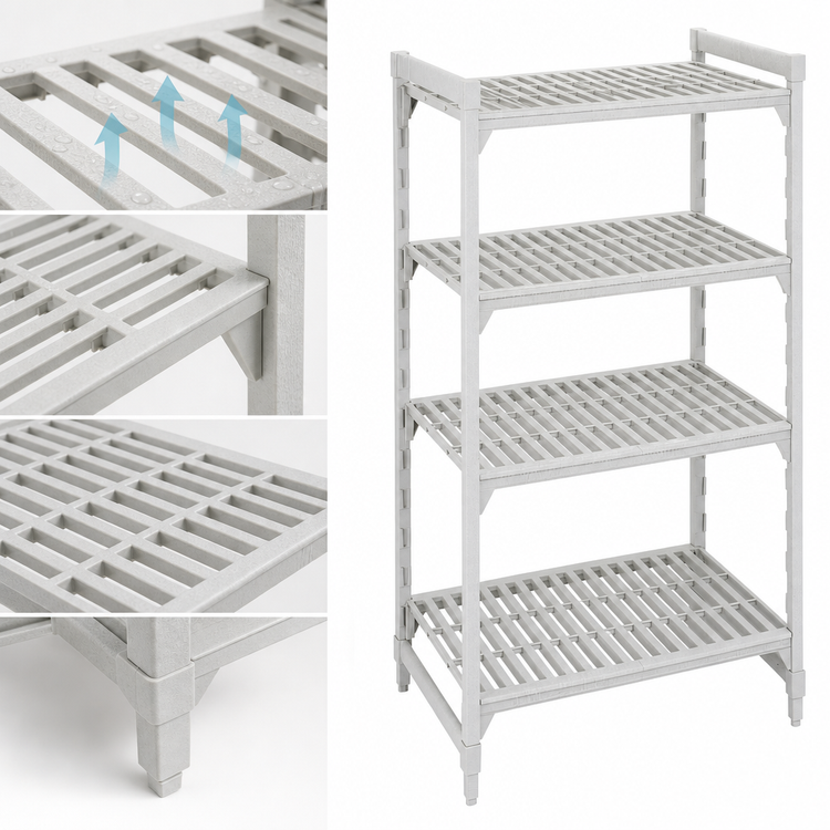 Product image #4 for Cambro Camshelving Premium 48" x 18" x 84" 4-Tier Stationary Vented Polymer Shelving Starter Unit, Speckled Gray