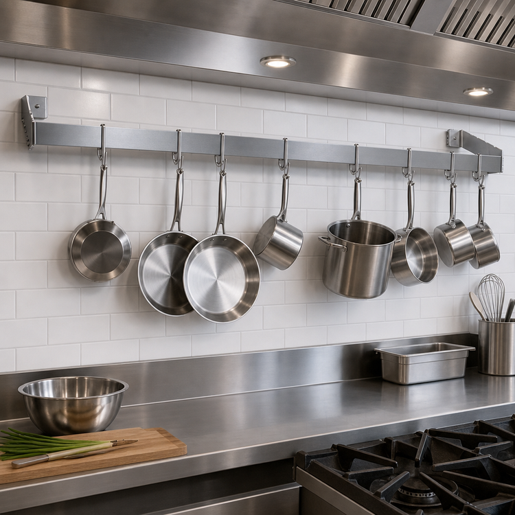 Product image #3 for John Boos Wall-Mounted Stainless Steel Single-Bar Commercial Pot Rack with 9 Double Hooks, 108 Inch Wide