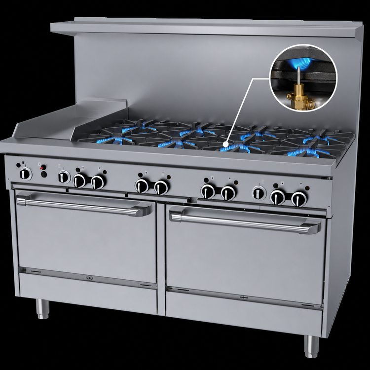 Product image #3 for Garland GF Starfire Pro 60-Inch Gas Restaurant Range with 8 Open Burners, 12-Inch Thermostatic Griddle, and 2 Standard Ovens