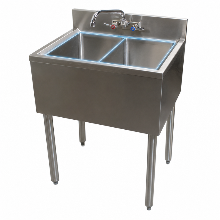Product image #3 for BK Resources Slim-Line 2-Compartment Underbar Sink with Faucet, 24 Inch W x 18-1/4 Inch D x 32-1/2 Inch H, 304 Stainless Steel