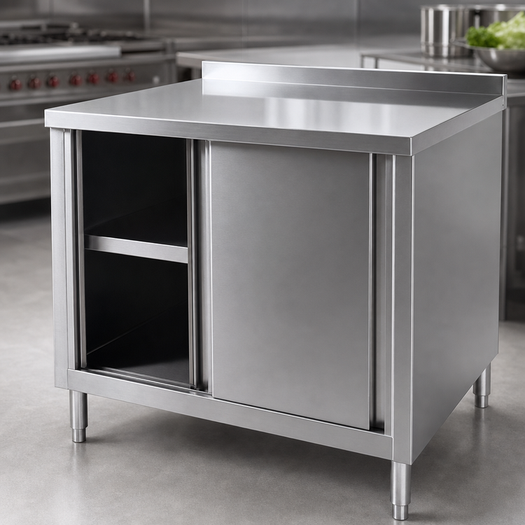 Product image #3 for 48" x 30" Stainless Steel Cabinet Base Work Table with Sliding Doors and Shelf