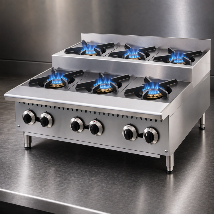Product image #3 for Comstock-Castle 36-Inch Stainless Steel Countertop Step-Up Gas Hotplate with 6 Cast Iron Burners