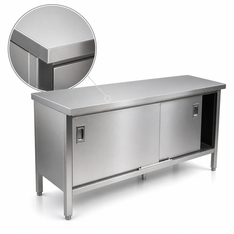 Product image #3 for John Boos Enclosed Stainless Steel Work Table with Cabinet Base and Sliding Doors, 120 x 24 Inch, 14-Gauge 300 Series Top